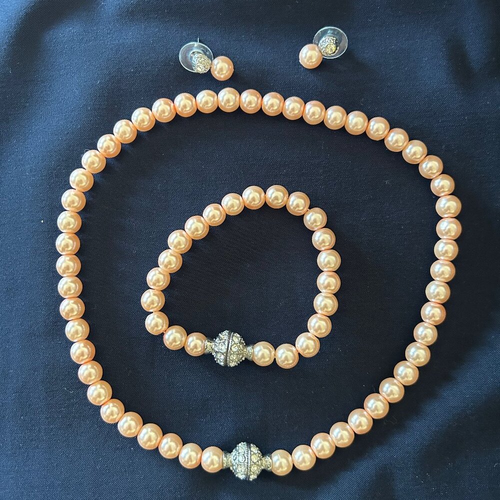 Blush Peach Faux Pearl Necklace Bracelet & Earrings Set